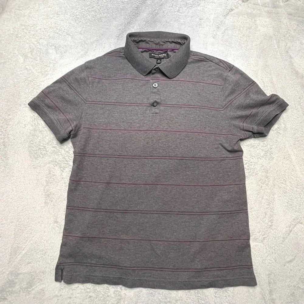 Banana Republic Mens Grey Striped‎ Luxury Polo Shirt TikTok Preppy Y2K Lo-Fi